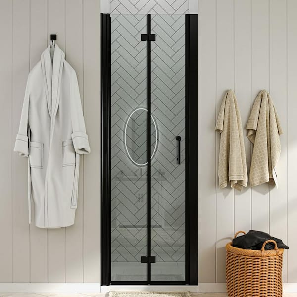 30 to 31-1/4 in. W x 72 in. H Bi-Fold Frameless Shower Doors in Black with Clear Glass