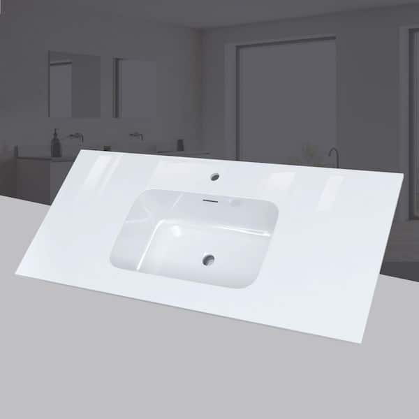 48 in. W x 22 in. D Rectangular Single Sink Bathroom Vanity Top White Solid Surface Resin Vanity Top in Glossy White