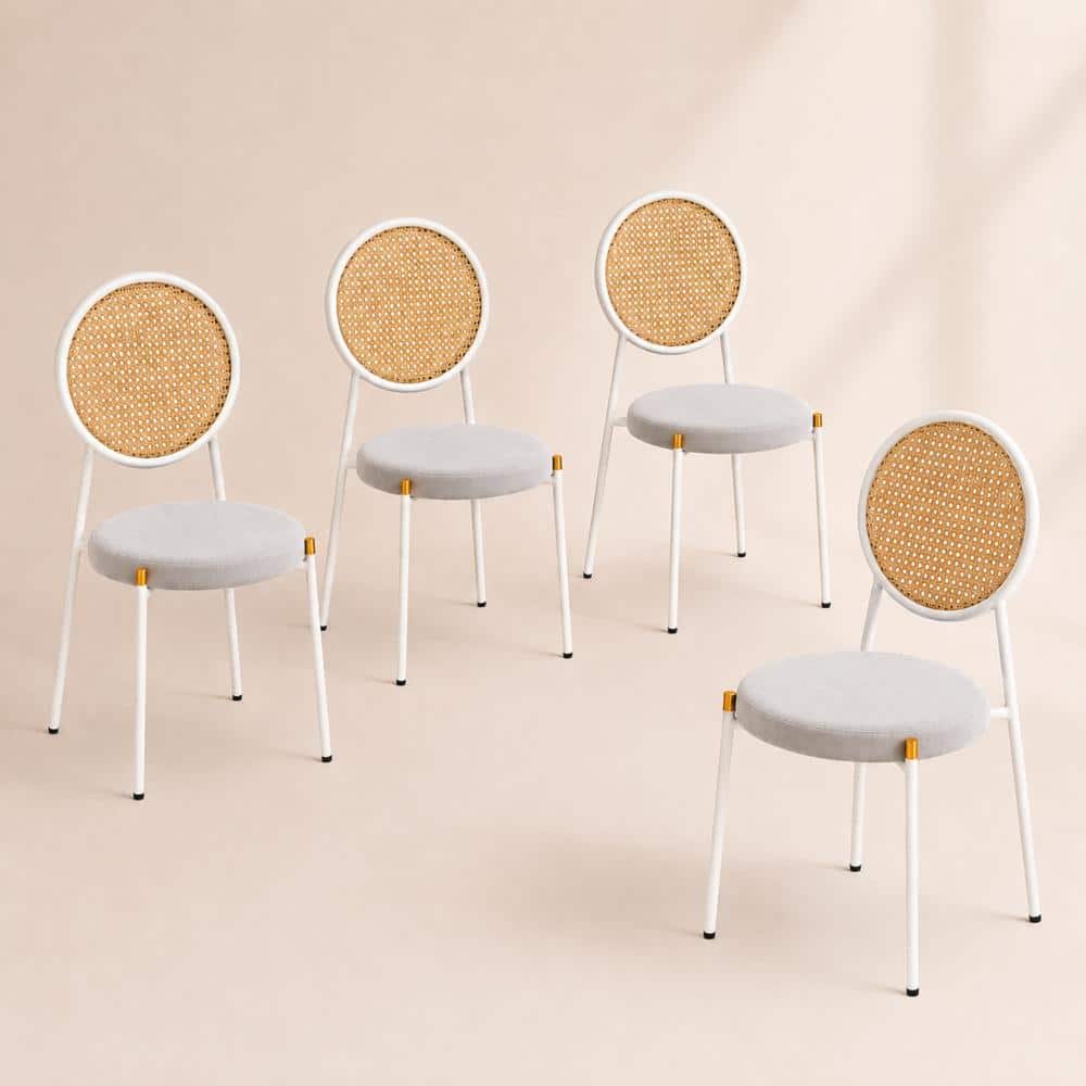 Euston (Set of 4) Modern Velvet Dining Chair Woven Rattan Back White Frame Gold Tip Legs - Grey