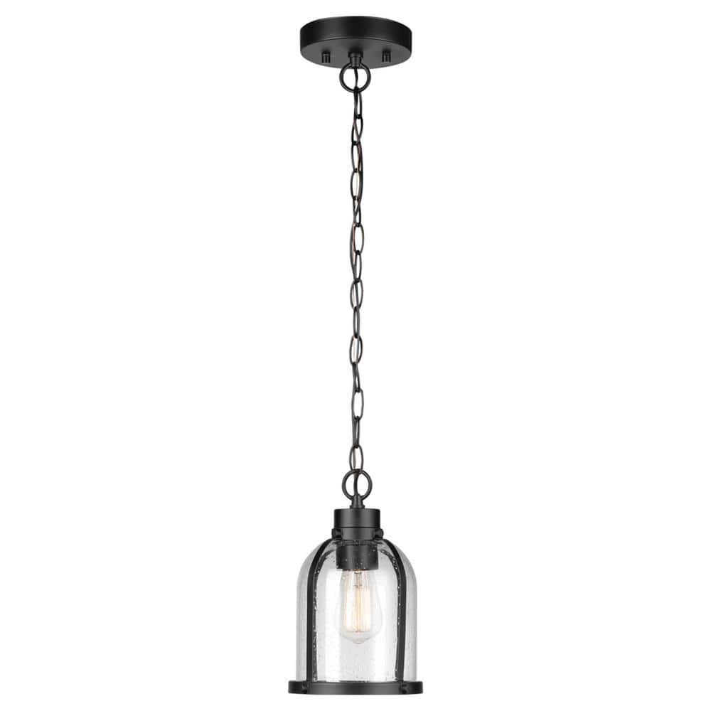 1-Light Matte Black Outdoor Indoor Pendant Light with Clear Seeded Glass Sh