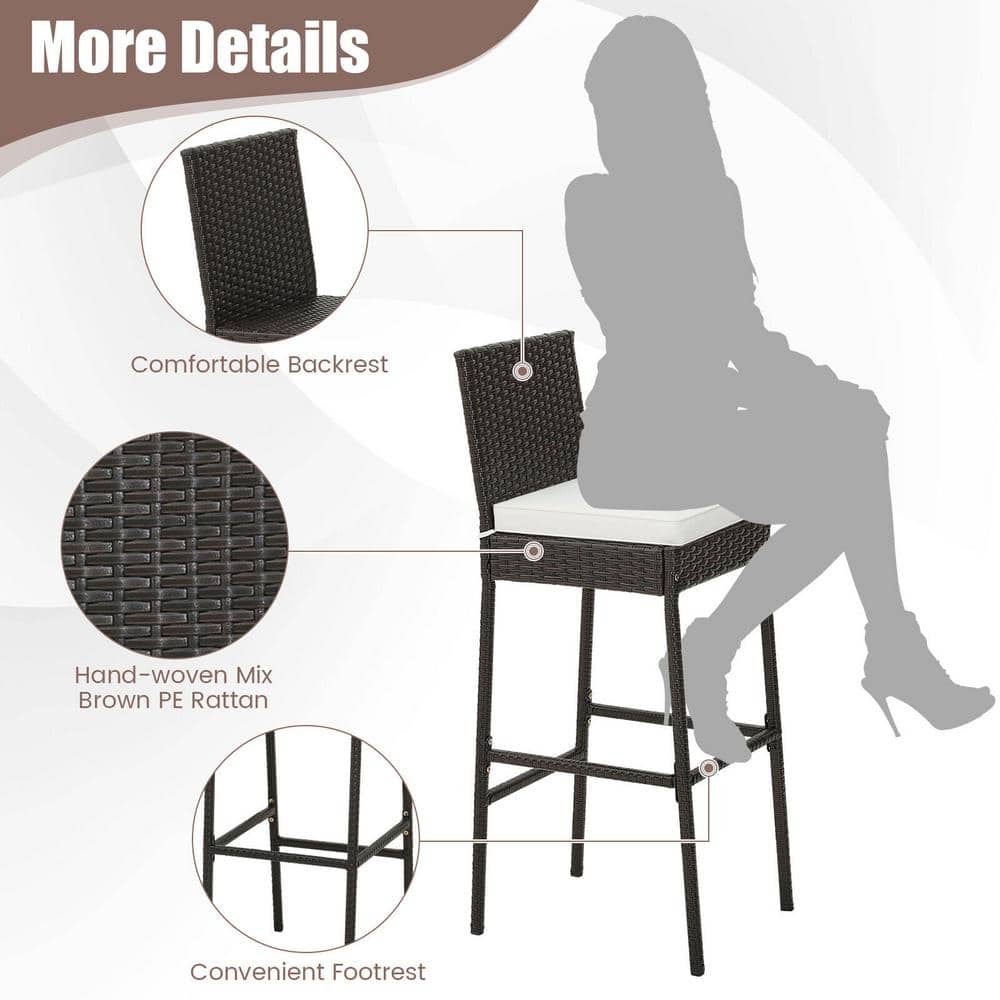 Black and Off-White Cushioned Wicker Barstools with Footrest - Set of 2
