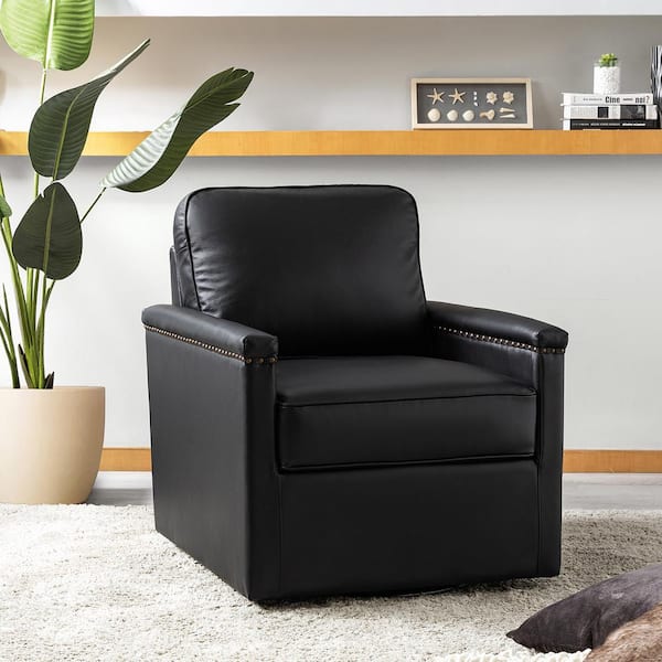 JAYDEN CREATION Angel Black 29 in. Wide Genuine Leather Swivel Arm Chair with Nailhead Trims and Metal Base