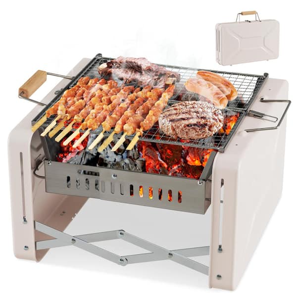 Portable Charcoal Grill Folding BBQ Grill in Beige with Dishwasher-safe Grill Grids Foldable Body and Charcoal Box