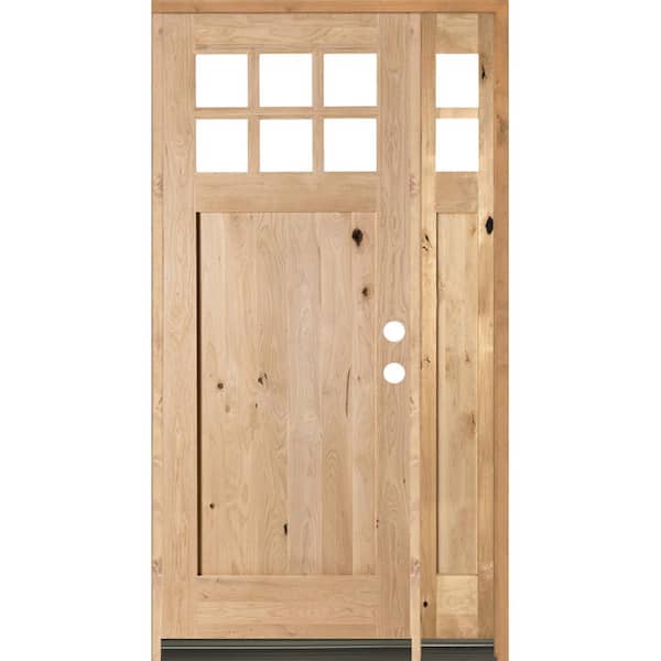 Krosswood Doors 56 in. x 96 in. Craftsman 1 Panel 6-Lite Knotty Alder Unfinished Left-Hand Inswing Prehung Front Door Right Sidelite