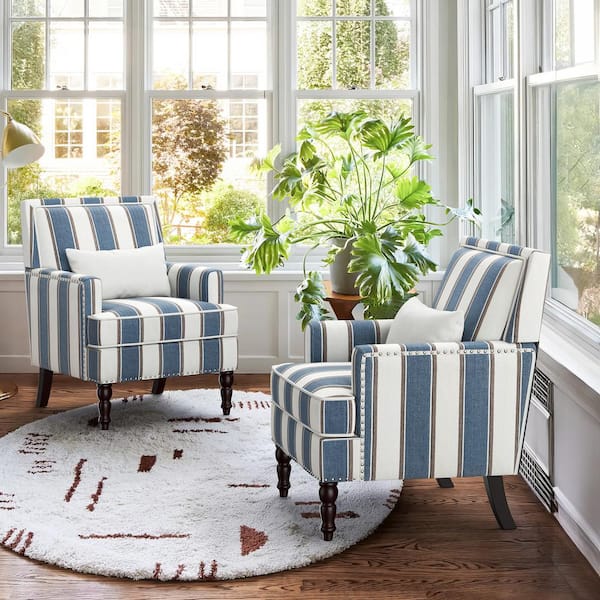 LUE BONA 35 Blue White Striped Fabric Accent Chair Nailhead