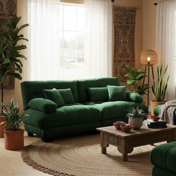 MINH 94.4 in. Pillow Arm 2-Piece Chenille Sectional Sofa with Deep Seat, 2 Lumbar and 2 Throw Pillows in Forest Green