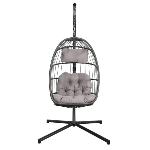 Yangming Outdoor 1-Person Wicker Egg Swing Chair with Stand, Porch Swing Foldable Hammock Chair for Garden Light Grey