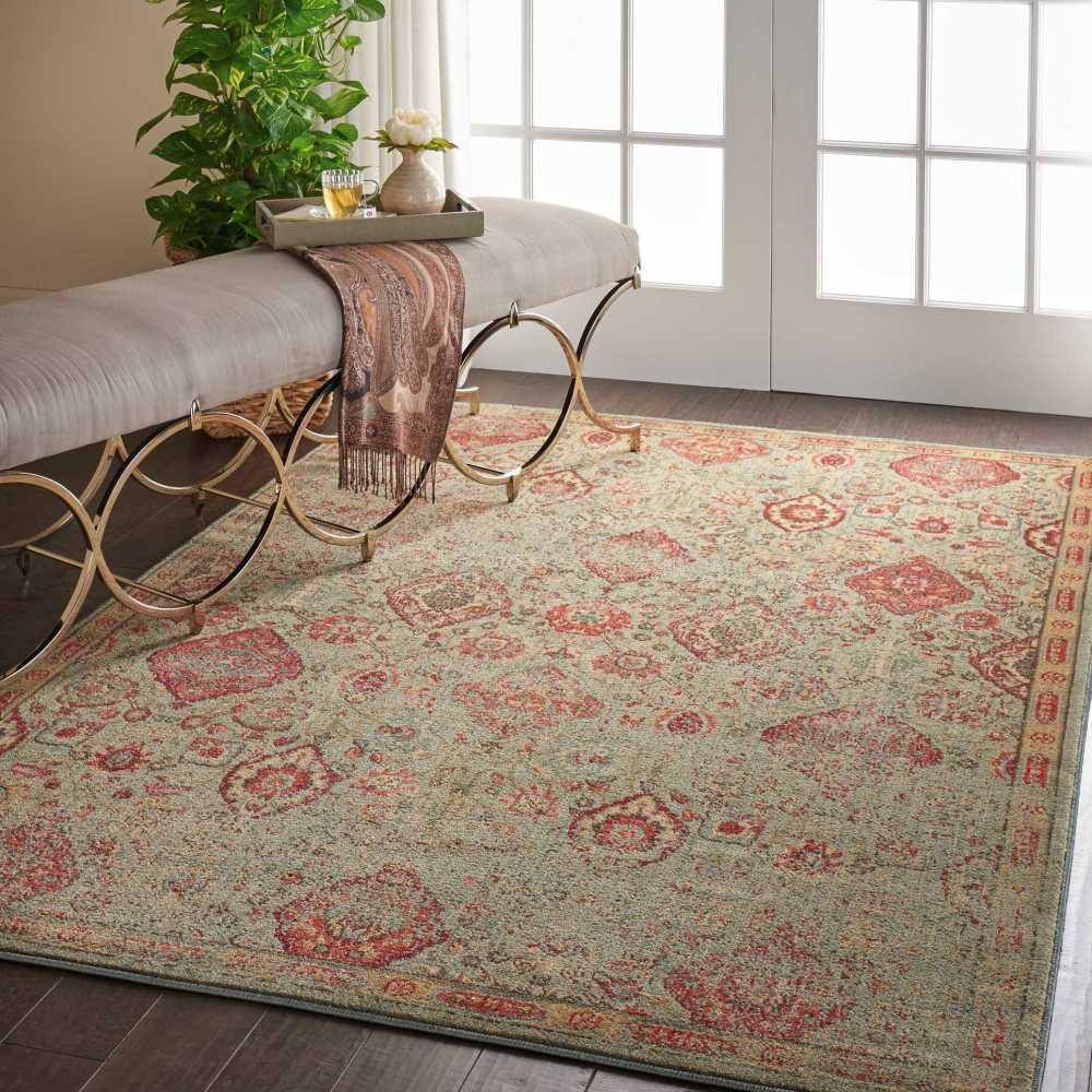 Light Green Wool and Viscose Handmade Rectangular Rug