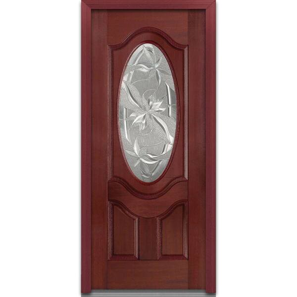 MMI Door 36 in. x 80 in. Lasting Impressions Left-Hand Inswing 3/4 Oval Decorative Stained Fiberglass Mahogany Prehung Front Door
