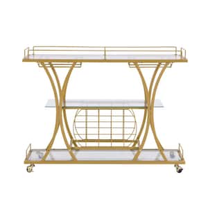 Modern Golden Bar Cart 3 Tier Glass Top with Lockable