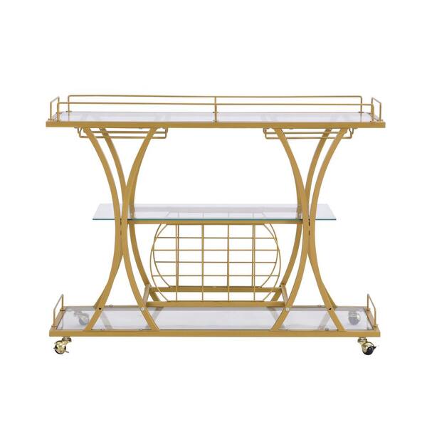 Unbranded Modern Golden Bar Cart 3 Tier Glass Top with Lockable