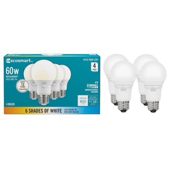60-Watt Equivalent A19 E26 Base Dimmable LED Light Bulb with Selectable Color Temperature (4-Pack)
