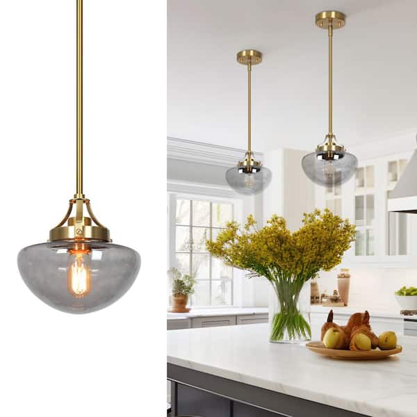 Zevni Modern 1-Light Brass and Smoked Gray Mini Pendant Light for Kitchen Island, Vintage Glass Hanging Ceiling Light