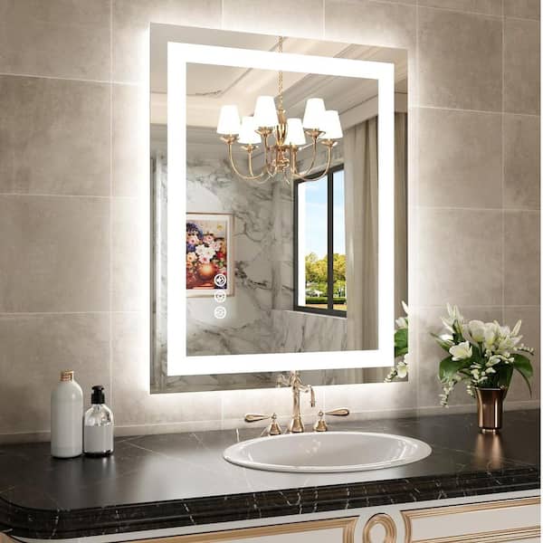 28 in. W x 36 in. H Rectangular Frameless LED Frontlit, RGB Backlit Anti-Fog Tempered Glass Wall Bathroom Vanity Mirror