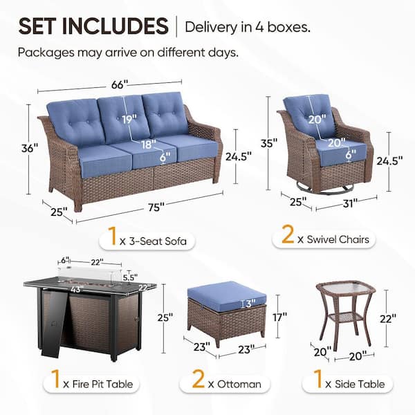 Modern Farmhouse 7-Piece Brown Wicker Patio Fire Pit Conversation Set with Blue Cushions and Rectangle Metal Fire Pit