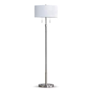 Grande 68 in. Brushed Nickel 2-Lights Adjustable Height Standard Floor Lamp with Drum White Shade