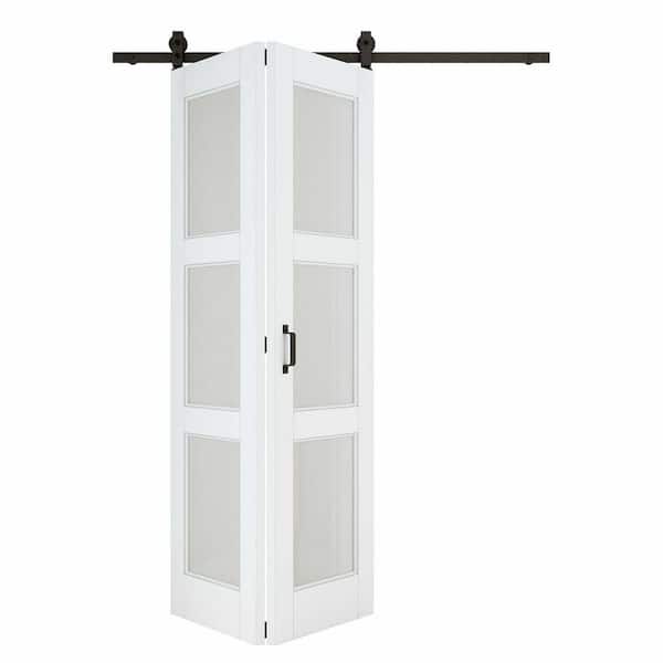 48 in. x 80 in. 3 Lite Tempered Frosted Glass White Primed MDF DIY Painting Bifold Sliding Barn Door with Hardware Kit