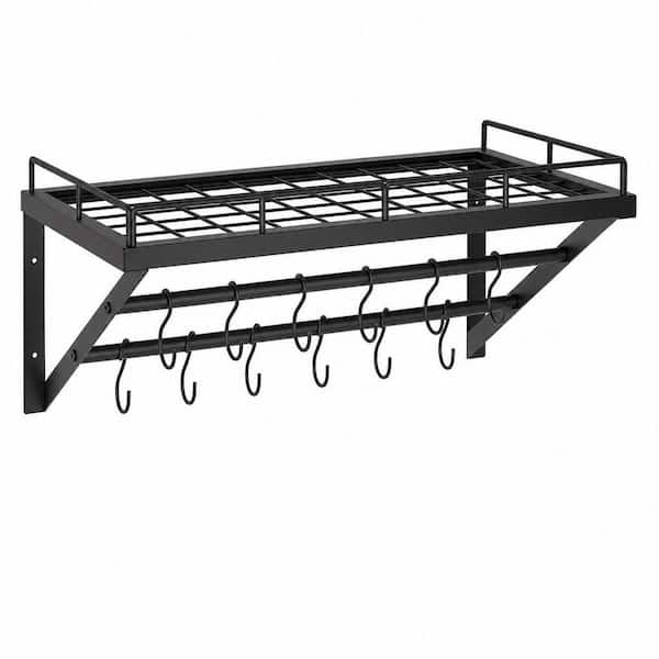 Black 23.8 in. Wall Mounted Metal Pot Rack with 2-Tier Hanging Rails, 12 S-Hooks for Kitchen Cookware Organizer