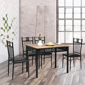 Black 5-Piece Dining Set with Wood Metal Table and 4 Padded Chairs