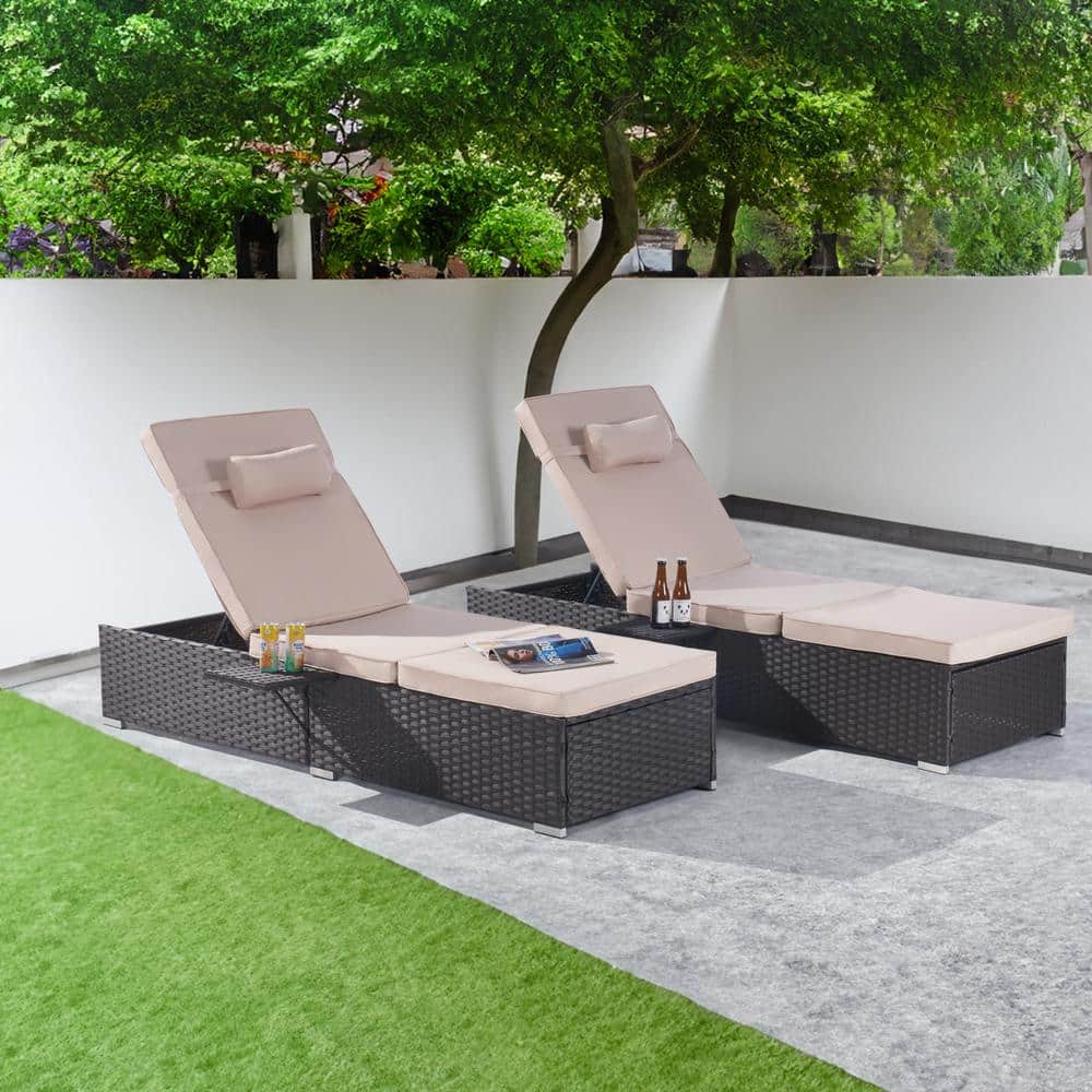 2-Piece Patio Outdoor Chaise Lounge Chairs, Brown Rattan Reclining Chair Po