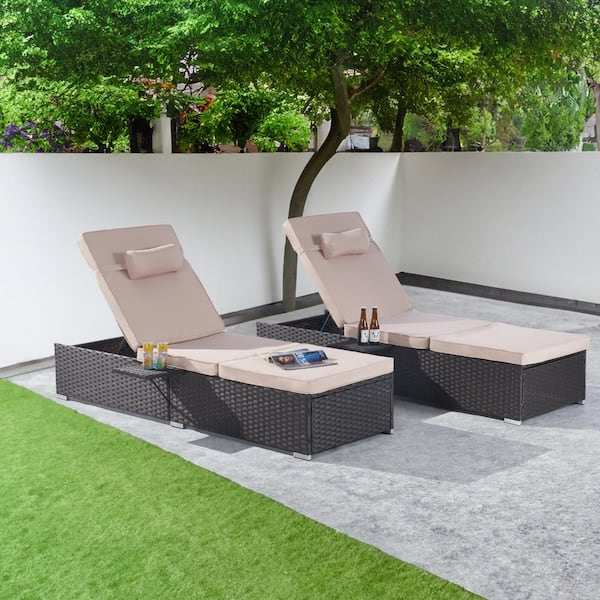 SANSTAR 2-Piece Patio Outdoor Chaise Lounge Chairs, Brown Rattan Reclining Chair Pool Sunbathing Recliners with Sand Cushion