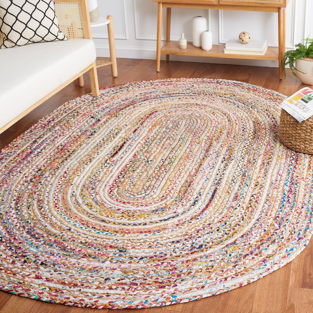Beige & Multi 6' x 9' Oval Handmade Cotton Area Rug
