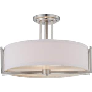 Ginger 14 in. 3-Light Brushed Nickel Traditional Semi-Flush Mount with Etched Opal Glass Shade and No Bulbs Included