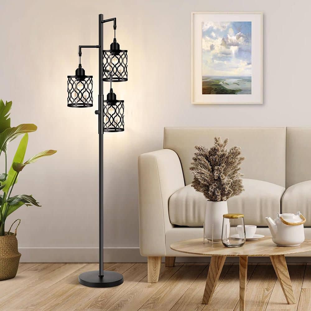 68 in. Black 3-Light Lantern Floor Lamp with 3 LED Bulbs Included
