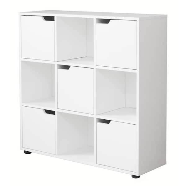 Basicwise 9 Cube Wooden Bookshelf Organizer with 5 Enclosed Doors and 4 Shelves, White