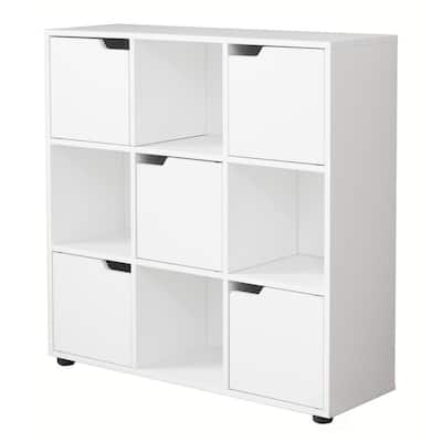 9 Cube Wooden Bookshelf Organizer with 5 Enclosed Doors and 4 Shelves, White
