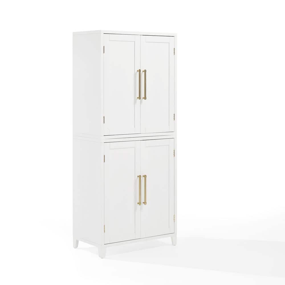 White Recessed Panel Kitchen Pantry Storage Cabinet with Gold Hardware