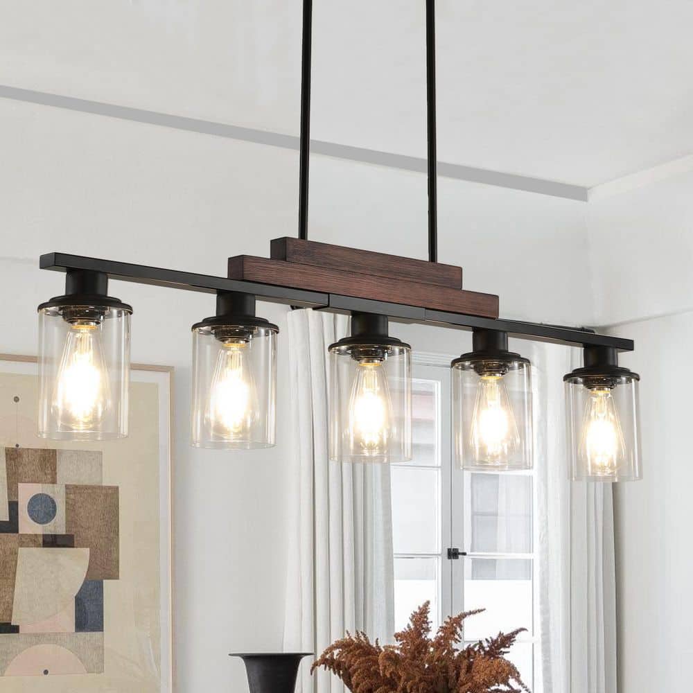 37 in. 5-Light Farmhouse Industrial Black and Wood Chandelier with Clear Glass Shades for Kitchen Island price history on PriceWatchPro