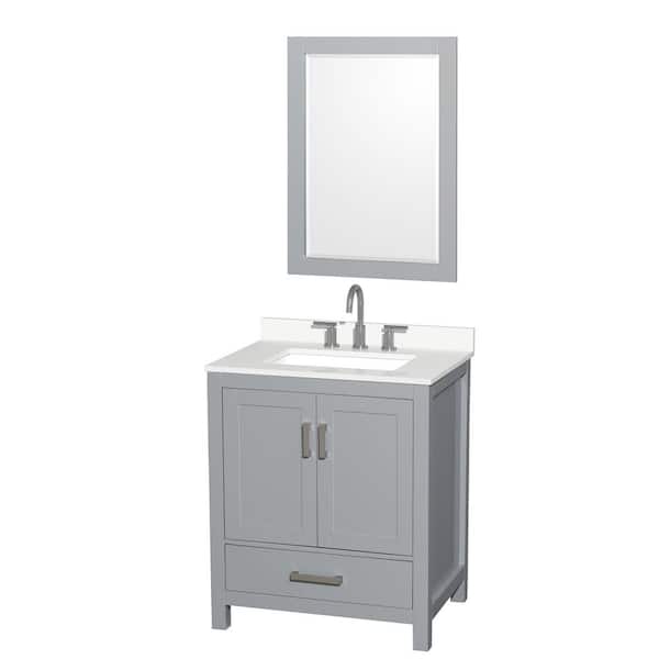 Wyndham Collection Sheffield 30 in. W x 22 in. D x 35 in. H Single Bath Vanity in Gray with White Quartz Top and 24 in. Mirror