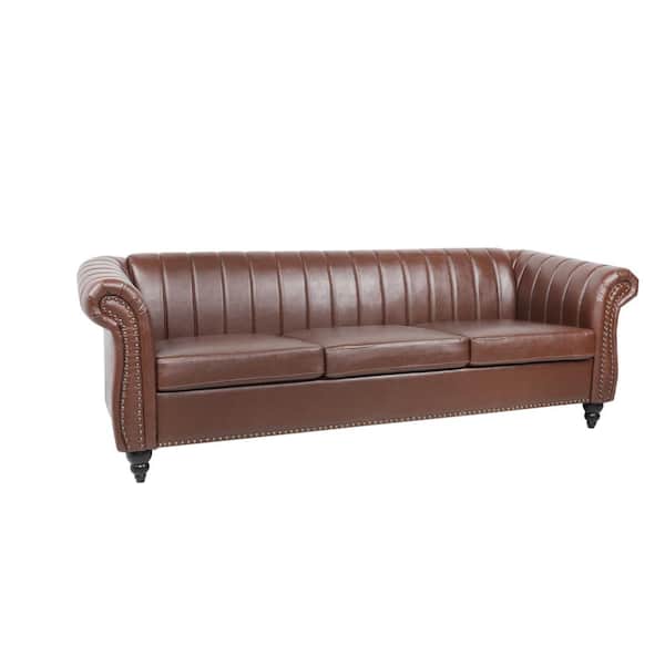 sumyeg 32.5 in. Round Arm Rolled Arm PU Leather Chesterfield 3-Seater Curved Sofa with Reversible Cushions in Brown
