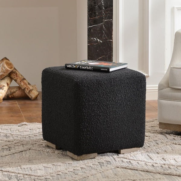 Black Boucle Upholstered Square Ottoman with Solid Wood Legs