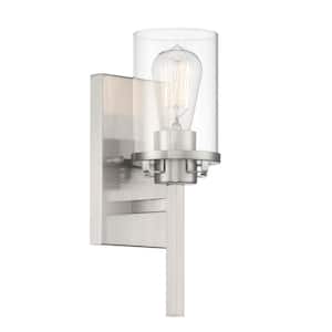 Jedrek 4.5 in. 1-Light Brushed Nickel Modern Industrial Wall Sconce with Clear Glass Shade