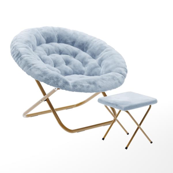 Carnegy Avenue Gwen 38 in. Oversize Faux Fur Folding Saucer Moon Side Chair with Folding Ottoman Dusty Aqua Faux Fur/Soft Gold Frame