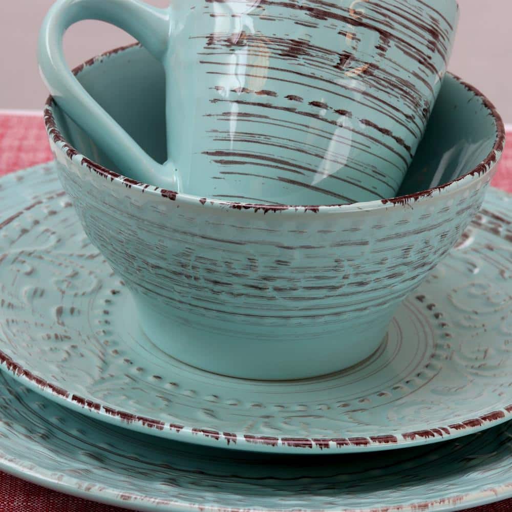 Turquoise Ceramic Coastal 16-Piece Dinnerware Set for Four