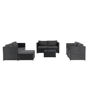 Black 6-Piece Wicker Outdoor Sectional Set with Black Cushions