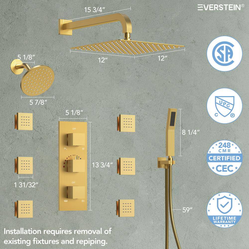 Gold Thermostatic 12" Triple Showerhead System with Handheld