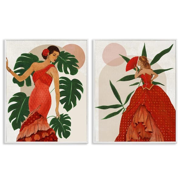 Stupell Industries Tropical Fashionistas in Red by Janet Tava 2 Pieces White Framed People Giclee Art Print 14 in. x 11 in.
