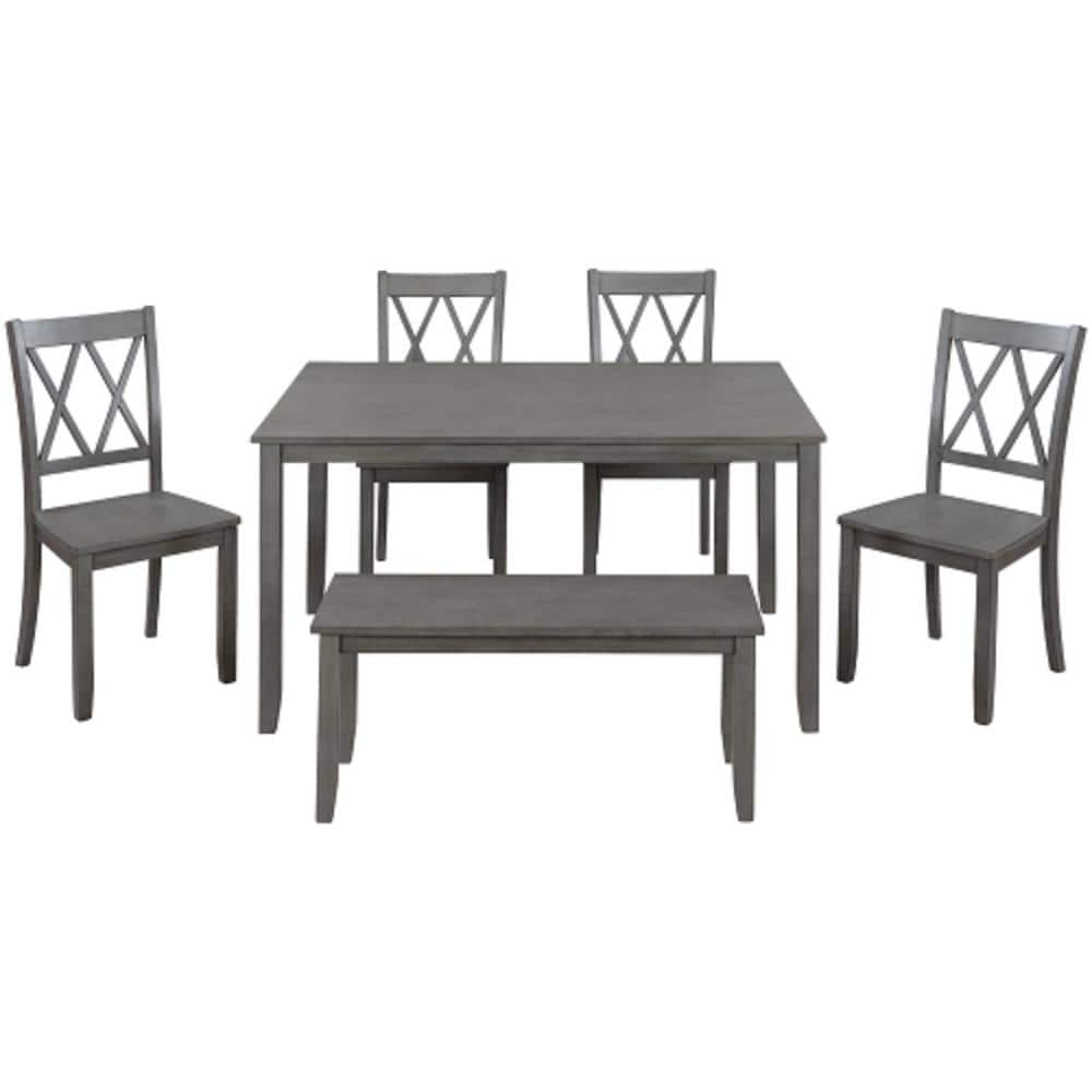 Antique Graywash 6-Piece Wood Rustic Table Classical Cross Back Chairs and 