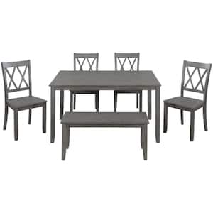 Antique Graywash 6-Piece Wood Rustic Table Classical Cross Back Chairs and Long Multifunctional Bench Outdoor Dining Set