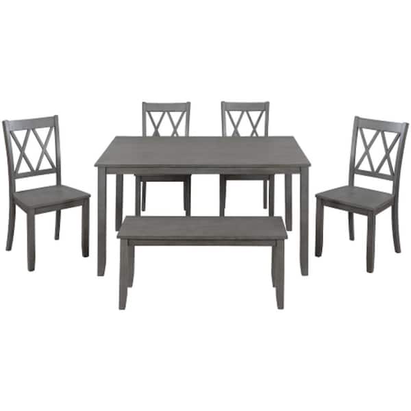 Unbranded Antique Graywash 6-Piece Wood Rustic Table Classical Cross Back Chairs and Long Multifunctional Bench Outdoor Dining Set
