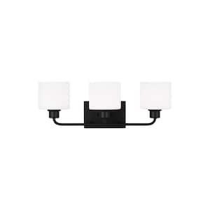 Canfield 23 in. 3-Light Midnight Black Minimalist Modern Wall Bathroom Vanity Light with Etched White Glass Shades
