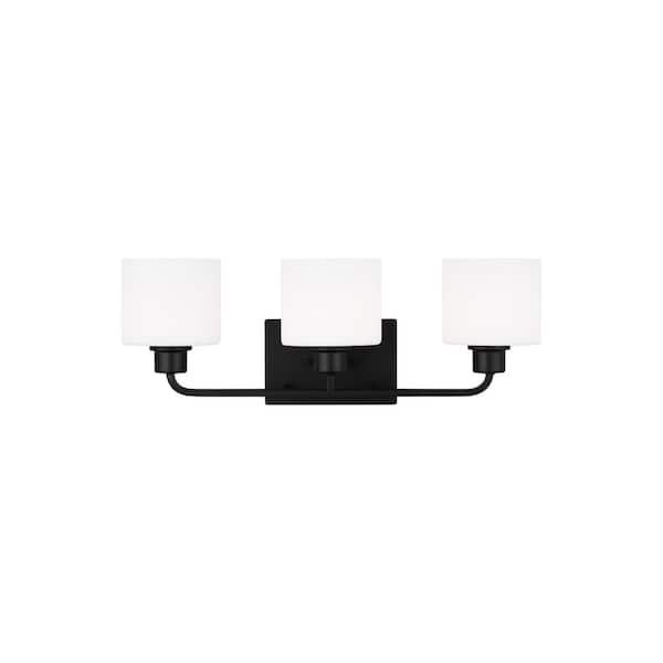 Generation Lighting Canfield 23 in. 3-Light Midnight Black Minimalist Modern Wall Bathroom Vanity Light with Etched White Glass Shades