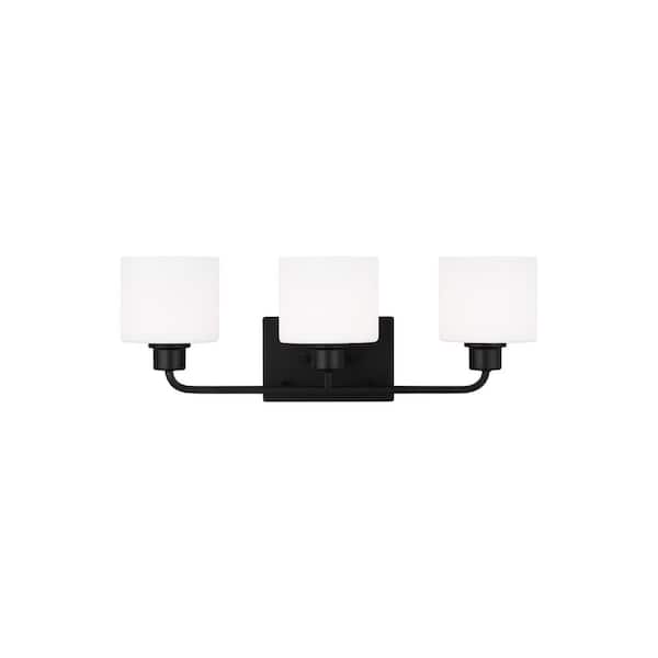 Generation Lighting Canfield 23 in. 3-Light Midnight Black Minimalist Modern Wall Bathroom Vanity Light with White Glass and LED Bulbs