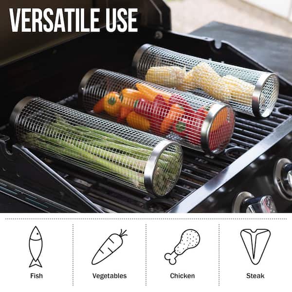 Grill Basket 2 PCS, Rolling Grill Baskets For Outdoor Grill, Grilling Accessories, Stainless Steel BBQ Net Tube Baskets With Oil Sprayer For Veggies, Shrimp, Grilling Gifts For Men - View #6