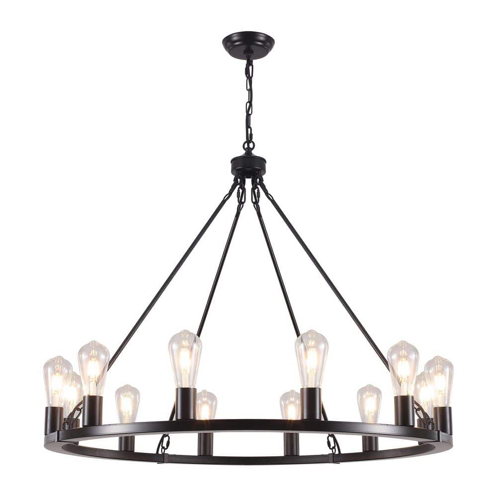 35.43 In. 12-Light Black Wagon Wheel Chandelier, Large Farmhouse Candle Chandelier with Adjustable Chain for Dining Room price history on PriceWatchPro