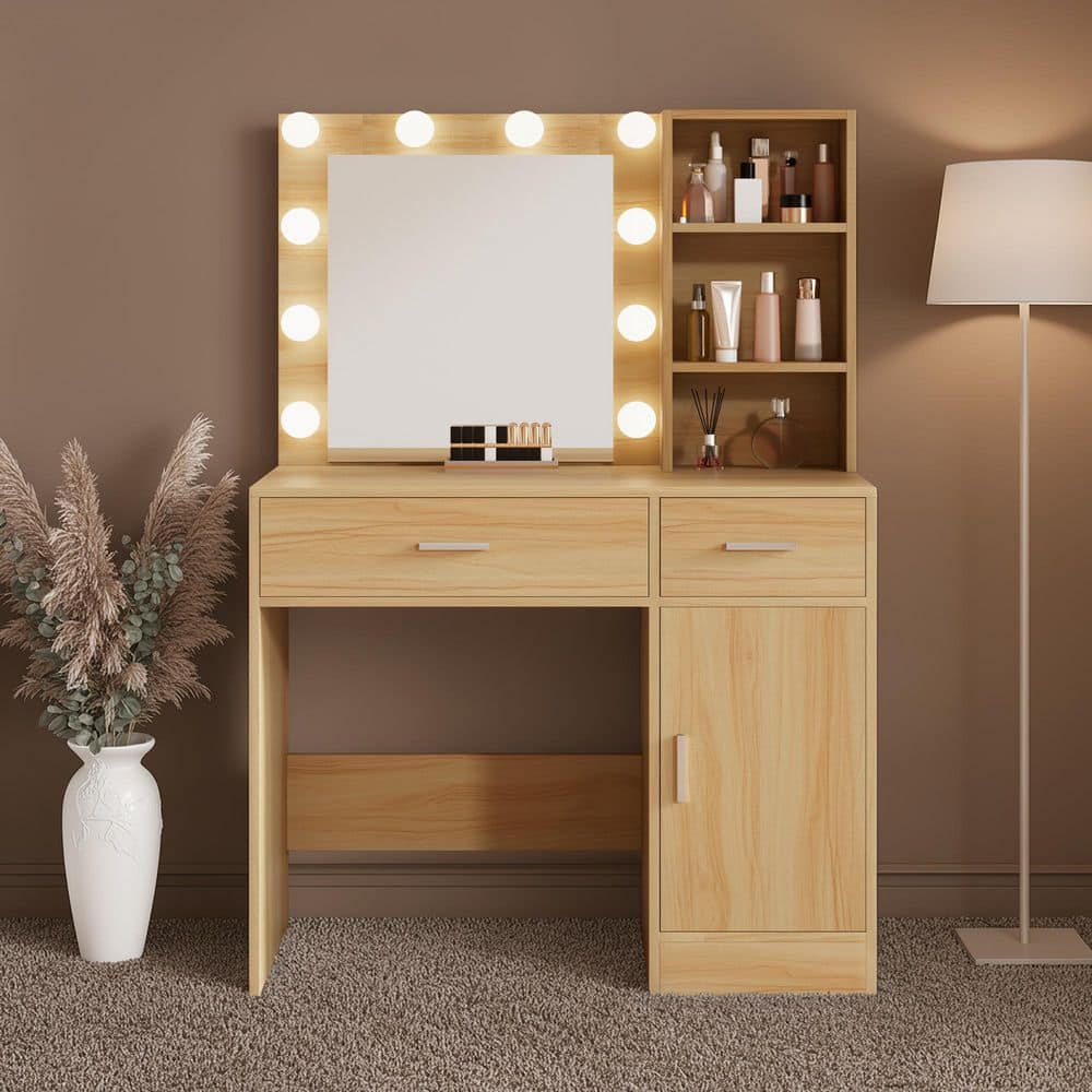 JEAREY Natural Makeup Vanity Desk Wood Dressing Table With Mirrors,  Drawers, Cabinets, Shelves, 3-Color LED Lighted SJDZSZT-Natural - The Home  Depot